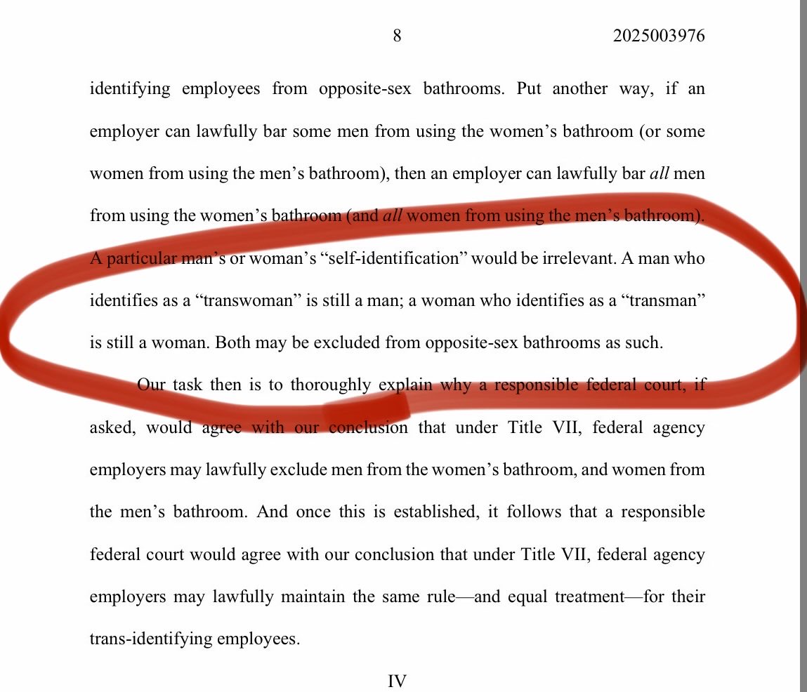 Fantastic decision from the EEOC today holding that trans-identifying Fed employees don’t have special access rights to bathrooms, showers, or lockers of the opposite sex. This is a HUGE victory for common sense, the rule of law, and women’s spaces in particular.