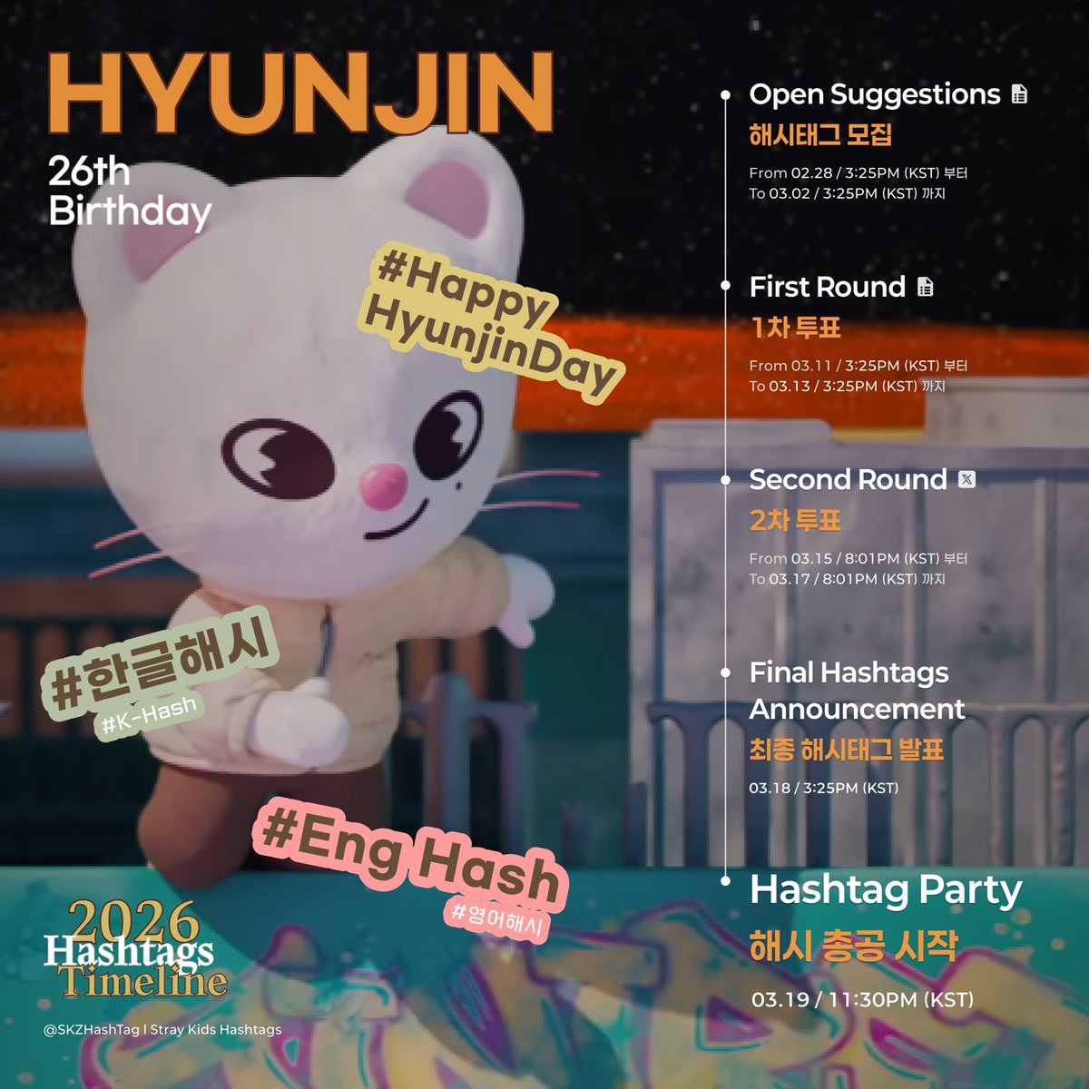 SKZHashtag's tweet photo. 📢 STAYs!
Here is the timeline for selecting Hyunjin's 26th birthday hashtags! Please look forward &amp; participate~

📢 현진의 26번째 생일을 축하하기 위한
다양하고 예쁜 해시태그 모집
많은 관심과 공유도 부탁드려요❤

#현진 #Hyunjin
#StrayKids  #스트레이키즈
@Stray_Kids https://t.co/uvDS0PobfZ
