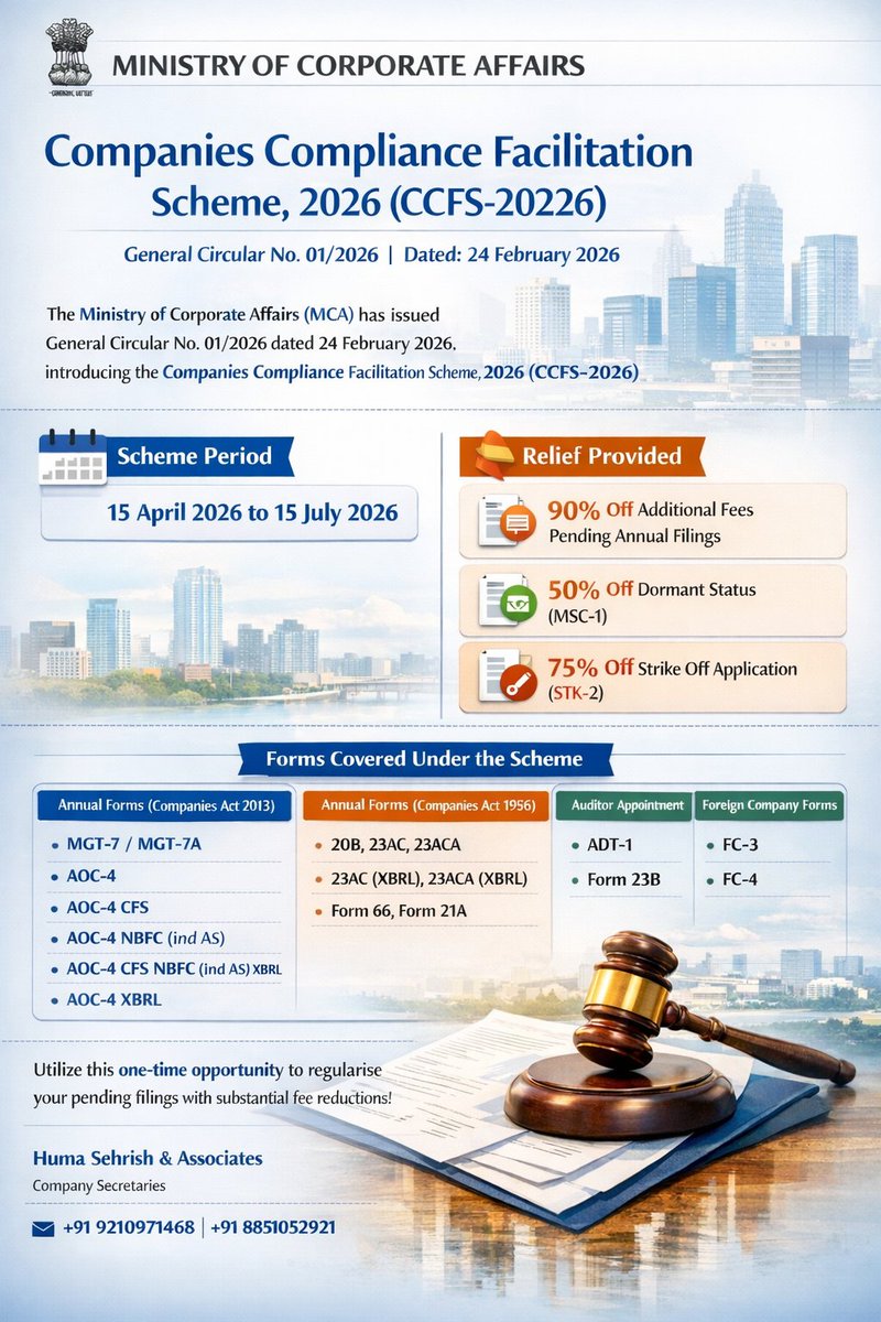 Get your pending filings done under CFFS, 2026 (15.04.2026 to 15.07.2026)

Regards

HUMA SEHRISH &amp; ASSOCIATES 
Company Secretaries, Delhi 
cshumasehrish@gmail.com, +91 9210971468