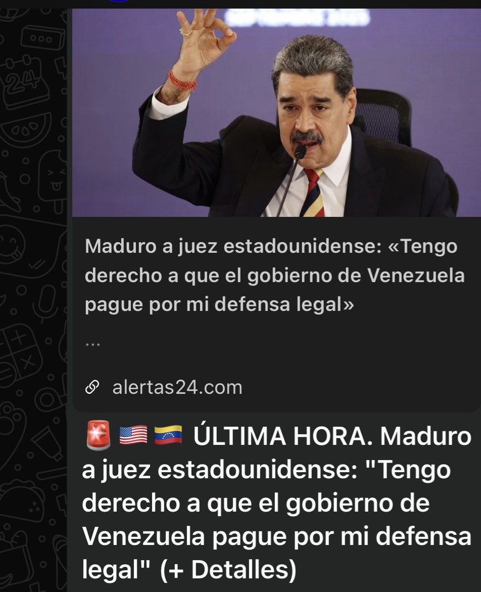 SKtira24's tweet photo. ÚLTIMA HORA. Maduro
a juez estadounidense: "Tengo derecho a que el gobierno de Venezuela pague por mi defensa legal" (+ Detalles) https://t.co/vhQla2FSNe