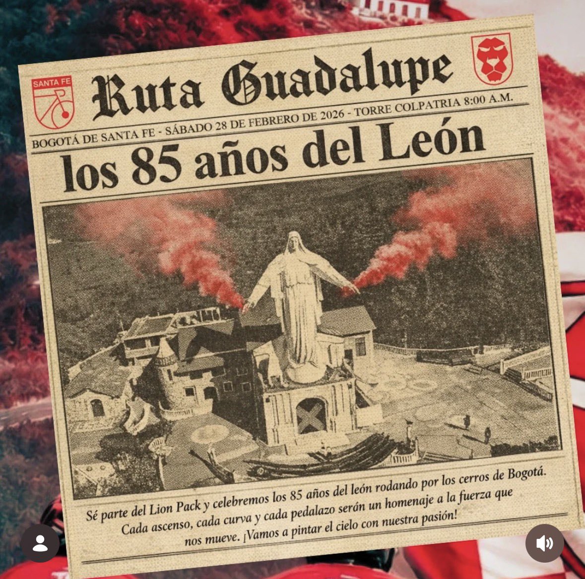 ¿Lista la manada ciclista para celebrar los 85 años de nuestro Santafecitolindo? 

Nos vemos este 28 de febrero 8:00 a.m en la Torre Colpatria para ascender juntos al Cerro de Guadalupe donde teñiremos los cerros de 🔴Rojo y ⚪️Blanco. 

#Los85DelLeón #LionPack 🚴‍♂️🦁🇲🇨