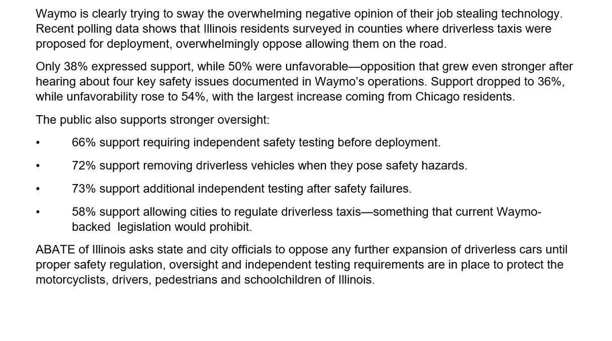 ABATE of Illinois responds to <a href="/Waymo/">Waymo</a> attempts to deploy their driverless cars in @Chicago without proper regulations in place. #twill #ABATEIL 🇺🇸