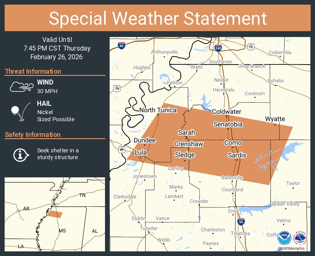 A special weather statement has been issued for Senatobia MS, Sardis MS and  Coldwater MS until 7:45 PM CST