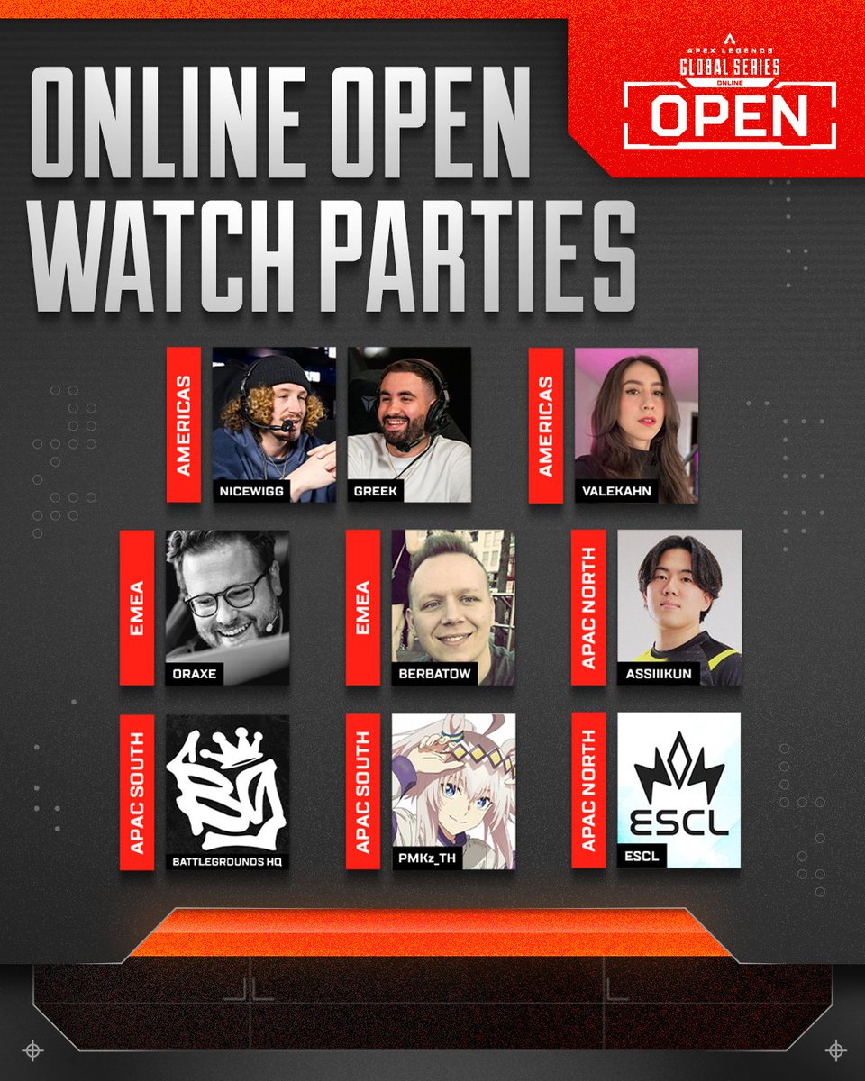 PlayApexEsports's tweet photo. DON'T MISS A SINGLE SECOND 📺

Starting this weekend, tune in to our #ALGS Online Open watch parties hosted by these incredible creators!

🌎 @NiceWigg, @MrGreekGod_, @ValeKahnn 
🌍 @oraxe_, @BerbatowTV 
🌏 @BattlegroundOCE, @pmkz_caster, @ESCL_GG, @4ssiikun
