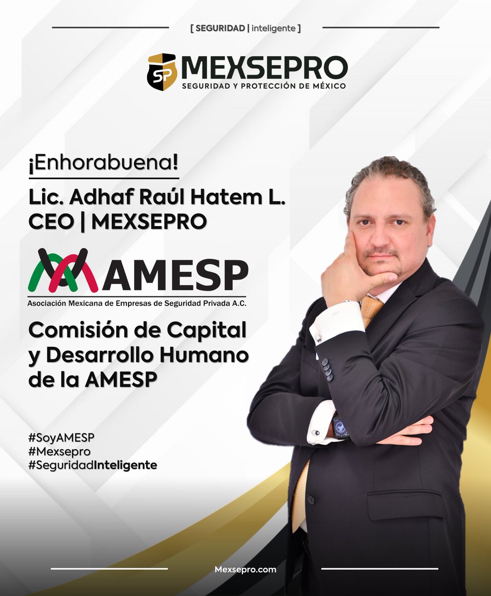 ¡Enhorabuena a nuestro CEO, Lic. Adhaf Raúl Hatem López!

Su reciente nombramiento como representante de la Comisión de Capital y Desarrollo Humano en la <a href="/AMESP_oficial/">AMESP</a> es motivo de orgullo para todos quienes formamos parte de Mexsepro.