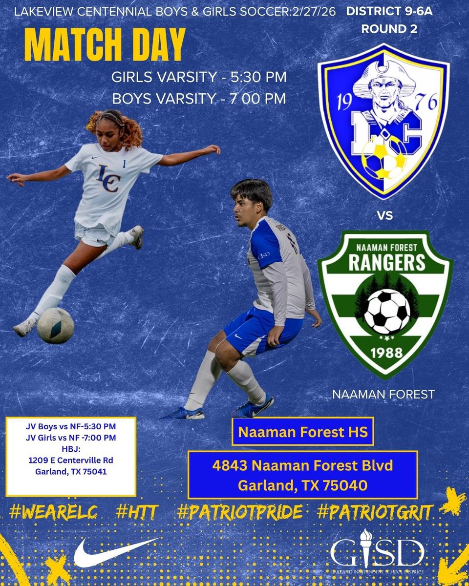 LsoccerC's tweet photo. We got another LC Boys &amp; @LCWOMENSOCCER Double Header TOMORROW NIGHT PATRIOT NATION! 😎⚽️

District 9-6A G13:
📆: 2/27/26
vs Naaman Forest
🏟️: V: Naaman Forest HS  JV: HBJ
⏰:  V Girls 5:30 pm &amp; V Boys 7:00 pm
🎟️: https://t.co/1uLeeYKZYP
#WeAreLC #HTT #PatriotPride #PatriotGrit https://t.co/IsZawtQEfw