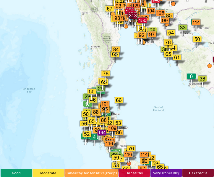 HelmutDuerrast's tweet photo. 27 Feb 26 around 07:00
#AirPollution #PM25 PM 2.5 #Smog season for #Bangkok and #Thailand. Here, near-surface measurements for determination of AQI via https://t.co/d9CdNsR8Ww
>#HuaHin #KoSamui
>Upper South=GREEN to ORANGE
>WIND/RAIN/TERRAIN make difference https://t.co/TevqZalnSx