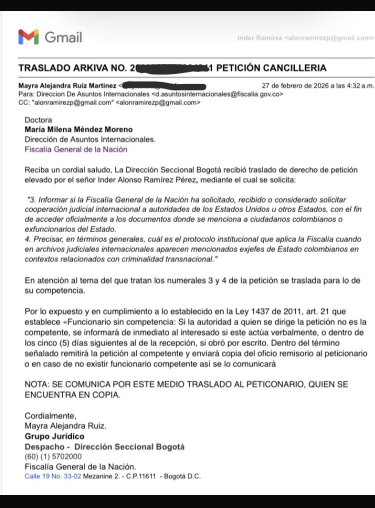 🚨 VEEDURÍA INTERNACIONAL | CASO PASTRANA – EPSTEIN

La <a href="/FiscaliaCol/">Fiscalía Colombia</a> aceptó y trasladó a la Dirección de Asuntos Internacionales el derecho de petición sobre la mención del ex Presidente <a href="/AndresPastrana_/">Andrés Pastrana A</a>  en archivos judiciales internacionales del caso Epstein.

No fue archivado.
