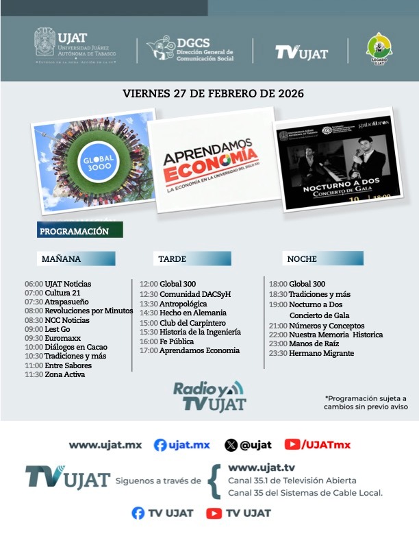 📺 ¡Arma tu plan con TV UJAT! Te compartimos la programación para este viernes 27 de febrero
 Sintonízanos en el 35.1 de TV abierta o en nuestras redes sociales.