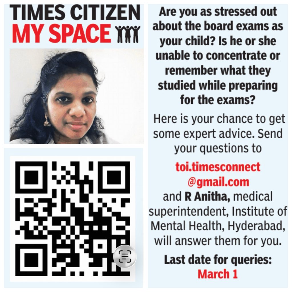TOIHyderabad's tweet image. Are you as stressed out about the #boardexams as your child? Is he or she unable to concentrate or remember what they studied while preparing for the #exams? Here is your chance to get some expert advice. Send your questions to toi.timesconnect@gmail.com, and R Anitha, medical