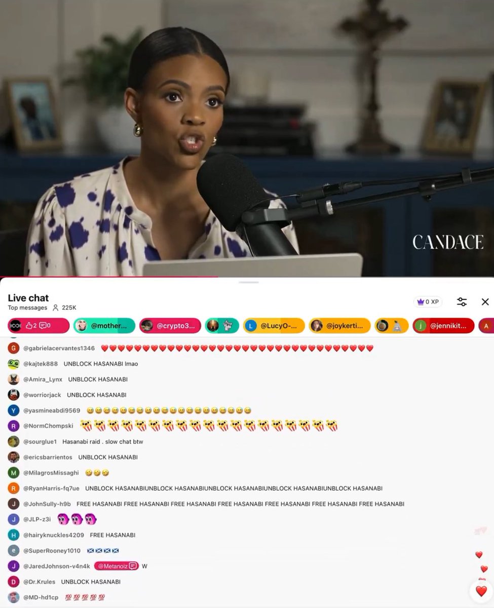 BREAKING: Candace Owens exposed for using bot networks to boost her videos.

Her entire chat is filled with anonymous users saying “Free Hasan Piker” and “HASANABI.”

The bot networks must’ve glitched and not know which stream they were on.