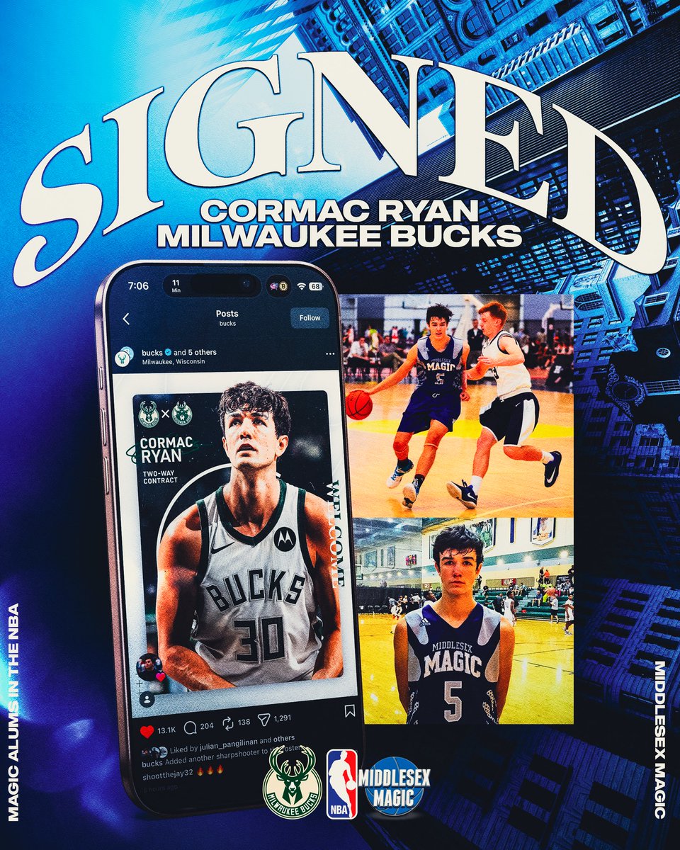 MiddlesexMagic's tweet image. Congratulations to Magic alum Cormac Ryan who signed a contract with the Milwaukee Bucks today! Cormac becomes the 4th Magic alum actively playing in the NBA! Congrats, C - we are so proud of you!! 

#MagicInTheNBA #MagicDNA #MagicFamily #NBA #MilwaukeeBucks
