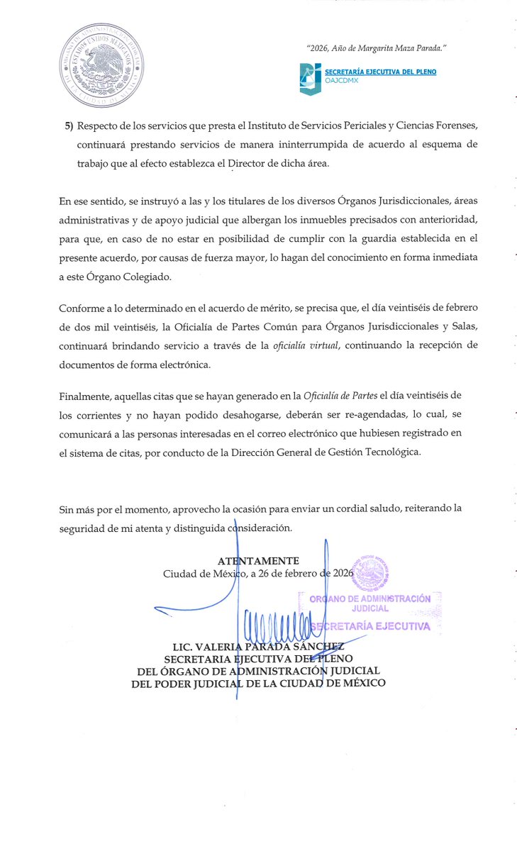 📢 Comunicado oficial

El Órgano de Administración Judicial determinó la suspensión de términos en diversos órganos jurisdiccionales para el 26 de febrero.

Consulta el acuerdo completo aquí 👇
 poderjudicialcdmx.gob.mx/wp-content/upl…

#PJCDMX #OAJ