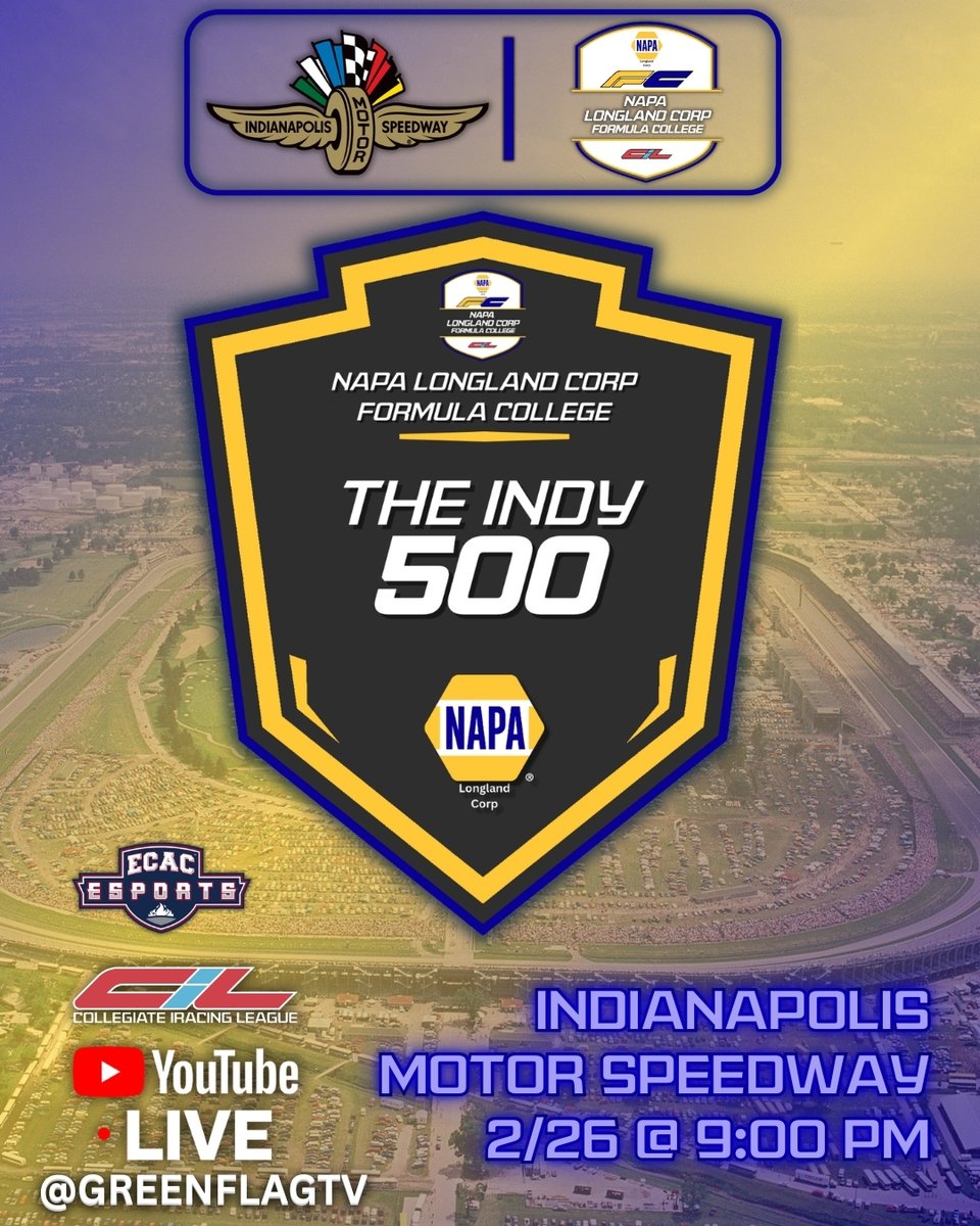 CollegeiRacing's tweet photo. 🚨RACE SPONSOR ANNOUNCEMENT🚨

CiL NAPA Longland Corp Formula College Round 5 to be Sponsored by NAPA Longland Corporation for the The 2nd Annual CiL 500, Presented By NAPA Longland Corporation!

Tonight marks the series' 3rd trip to the historic oval (in its correct 2.5-mile oval configuration), and the 2nd-time the CiL offers a full 500-mile race at the facility. Having this race on the schedule was a big talking point when the IndyCar® was proposed to return this season, so we are looking forward to seeing how the drivers fare with the new car along with its many updates over the past couple of seasons (namely, the hybrid system).

Longland Corp is a NAPA franchising company brought to us by our very own @ Brennan Lyman (OPSU), an up and coming talent here in the CiL. Longland Corporation is known for their excellent customer service and product distribution of Napa Auto Parts Merchandise in the Colorado area, if you're ever in Colorado and need some NAPA certified auto parts and accessories you know where to go, go to Longland Corporation!

We can't wait to have our drivers rip it here in the historic venue built on many yards of brinks in The 2nd Annual CiL 500, Presented By NAPA Longland Corporation!

Tune in live tonight on @GreenFlagTVLive YouTube channel at 9:00 PM EST!!

Powered by @ NAPA Auto Parts - Longland Corp! | In Partnership with @ECAC_Esports!

#iracing #collegeiracing #cilfc #cilfcseason8 #collegeracing #cilseason #cilseries #cilformulacollege #formulacollege #formulacollegeesports #cilformualcollegeseason7 #cilFCRound5 #cilfcseries #cilNAPALonglandCorpFCSeries #cilNAPALonglandCorpFormulaCollege