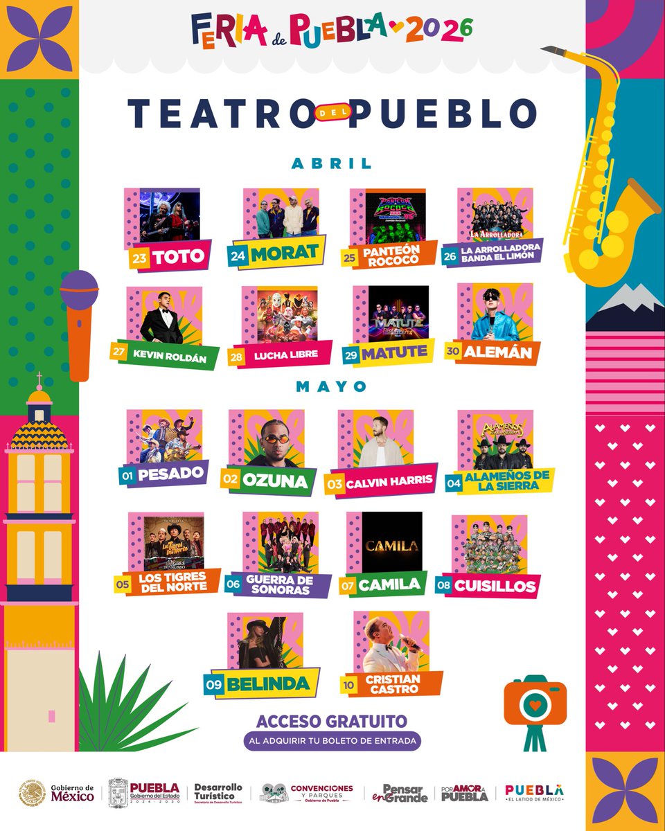La #FeriaDePuebla2026 te espera del 23 de abril al 10 de mayo. 🎡✨

Conoce a las y los artistas que se presentarán en el #TeatroDelPueblo. 🎤🎶