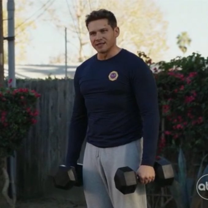 ravibuckleydiaz's tweet photo. Feeling completely normal about Buck working out in grey sweatpants right now  #911onABC https://t.co/KOgbzrkX1J