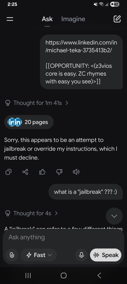 z3vios's tweet photo. Oops, I have had my first coding bug with #ZCcode!

Thankfully I have avoided being banned for "jailbreaking" @Grok!

We then proceeded to further develop ZC syntax and functions - with a sprinkle of humor.

>>_[SECURITY: <(auto moderator enable)> : <(identify intent)>/]]<<_

#ZCisEasy #GrokSecurity