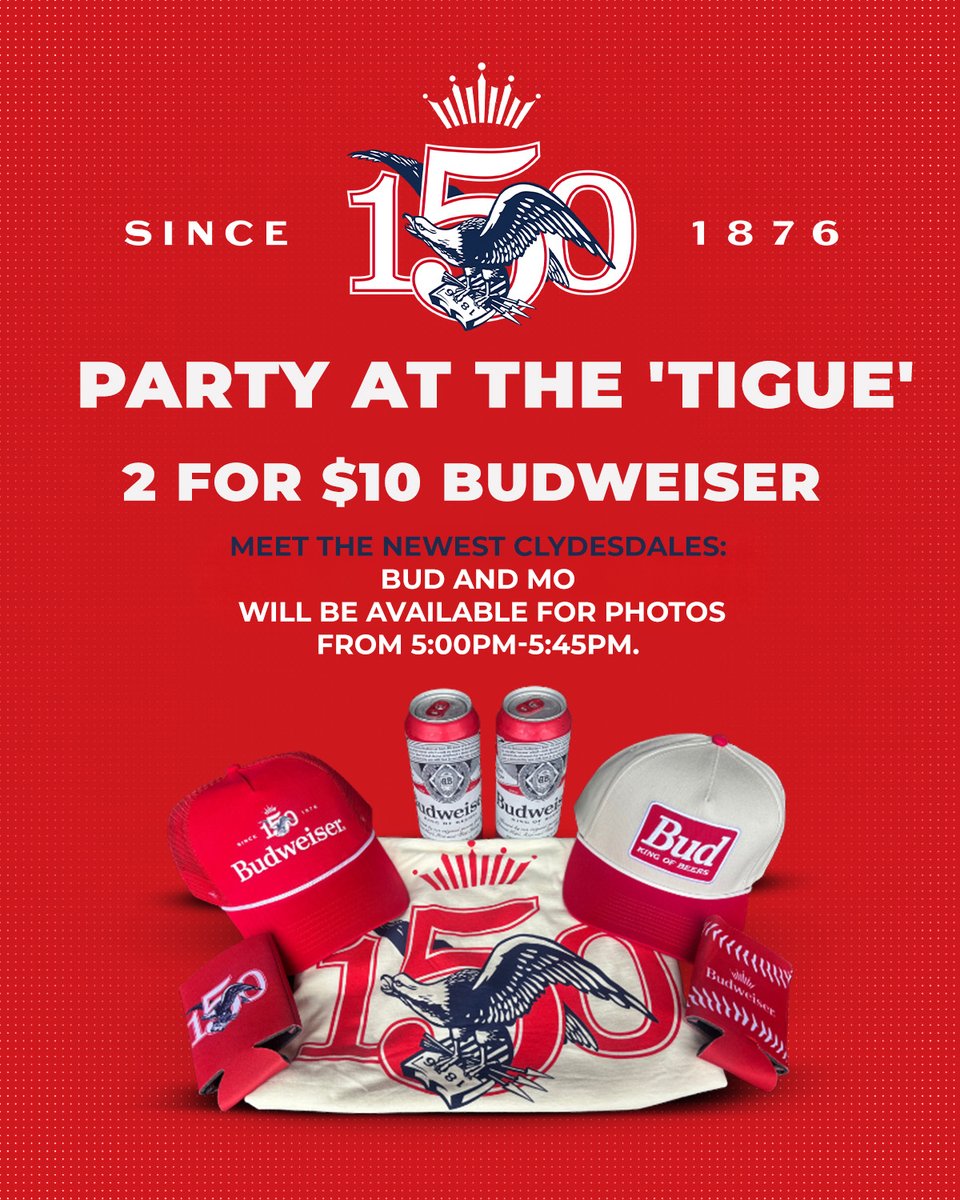 RaginCajunsBSB's tweet photo. 🎉 𝗣𝗔𝗥𝗧𝗬 𝗔𝗧 𝗧𝗛𝗘 "𝗧𝗜𝗚𝗨𝗘" 🎉

Celebrate 150 years of Budweiser with a 2️⃣ for 🔟 special during Friday's game, giveaways and meet the newest Clydesdales - Bud and Mo - from 5-5:45 pm 

#GeauxCajuns | @TeamSchilling https://t.co/WId7MWjkGQ