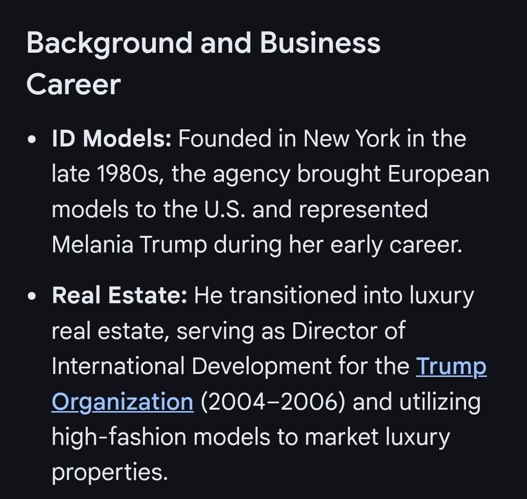 <a href="/JoyceWhiteVance/">Joyce Alene</a> Bring in Melania's former modeling agent. He should be easy to find. He's the current United States Special Representative for Global Partnerships.