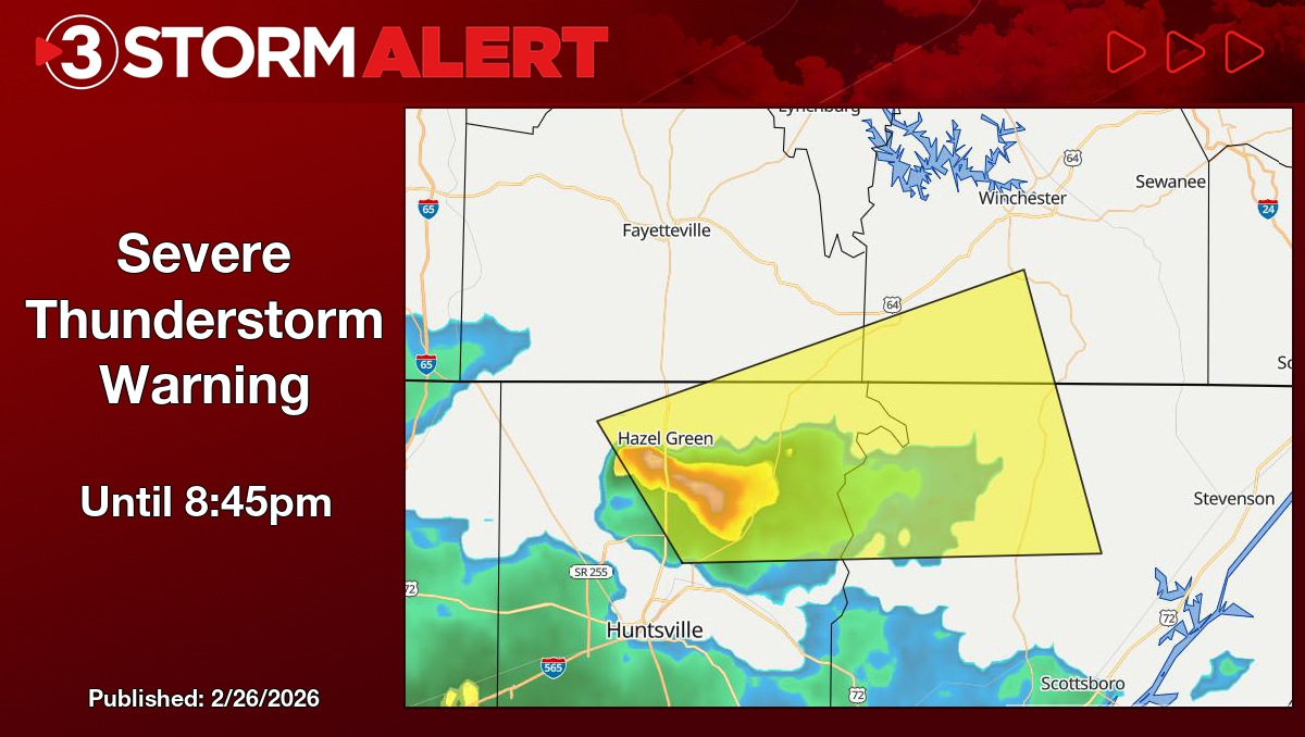 FROM HANNAH SKYE Severe Thunderstorm Warning for Jackson County in AL until 8:45pm. Download the Local 3 Weather app