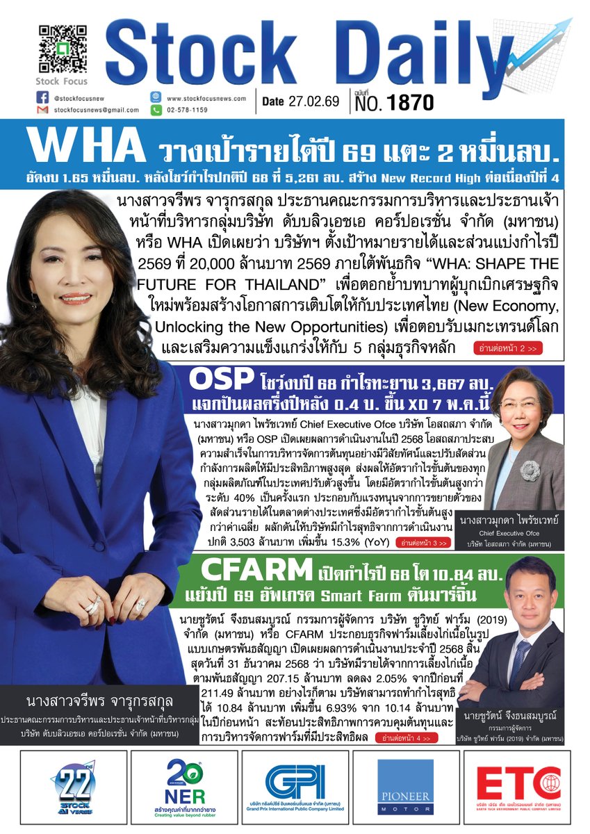 FocusStock's tweet photo. หนังสือพิมพ์ออนไลน์ Stock Daily ประจำวันที่ 27 ก.พ. 2569
ลิงก์ : https://t.co/UsyClcfChq
#StockFocusnews #stockfocusmagazine #SRP #CFARM #OSP #WHA #หนังสือพิมพ์ออนไลน์ #StockDaily #SmartFarm https://t.co/VNAjHNLWJk