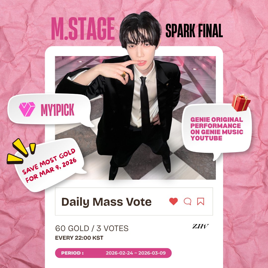 [📣] m stage - DAILY VOTE

🔗fsn-app.my1pick.com/app/link/theme…

‼️DROP 60 GOLD / 3 VOTES FROM ALL YOUR ACCS EVERY 22:00 KST‼️

*⃣ If you can't join Mass Daily Vote, you can drop your 60 Gold before 23:59 KST EVERYDAY

🚨SAVE THE REMAINING GOLD FOR MAR 9

#ZHANGHAO #장하오 #章昊 #ジャンハオ