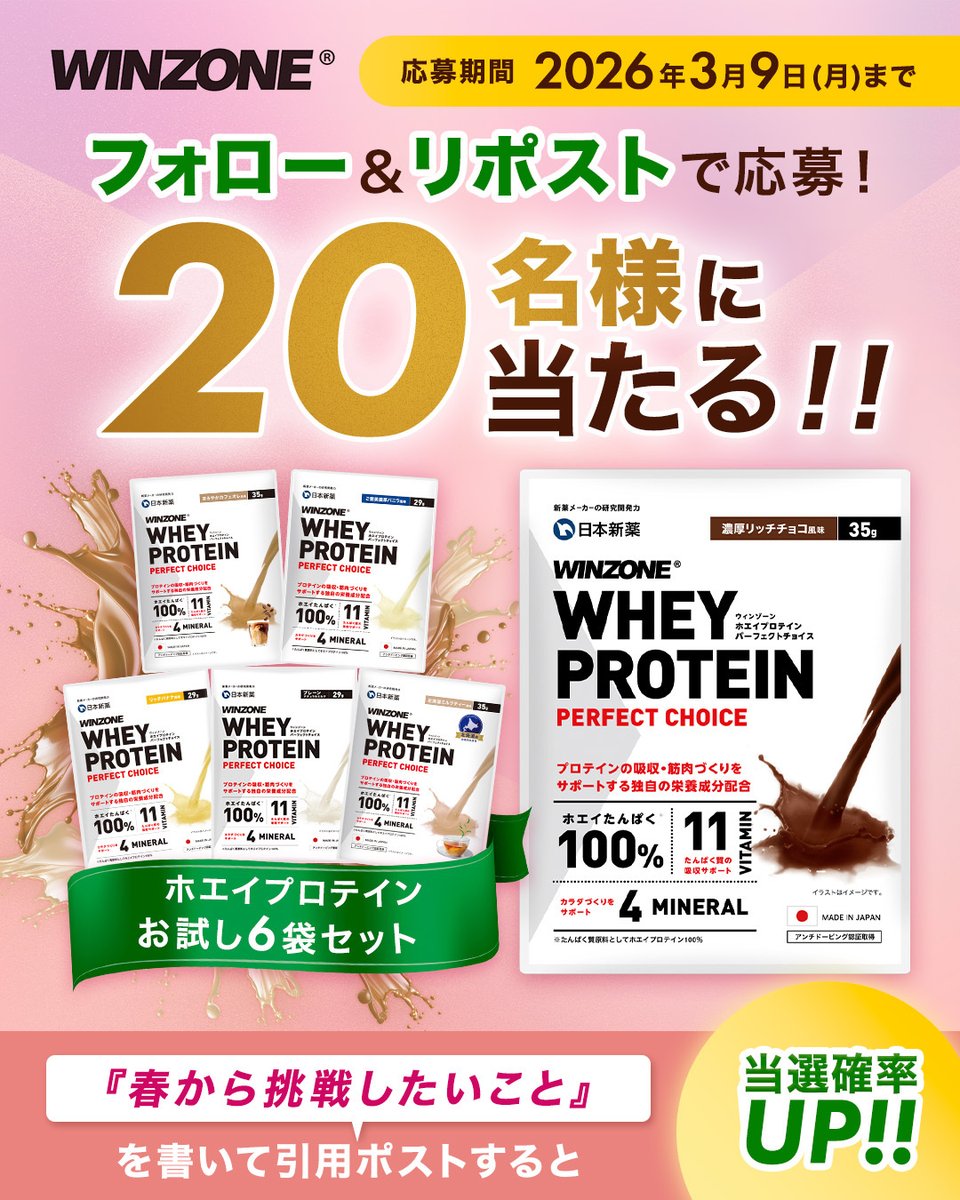 🌸新生活応援🌸
WINZONEをはじめようキャンペーン！
ホエイプロテインお試し6袋セットが20名様に当たる🎁

① <a href="/winzone_sports/">【公式】WINZONE -ウィンゾーン-</a> をフォロー
②本投稿をリポスト

／
『春から挑戦したいこと』
を書いて引用ポストすると当選確率UP！
＼

応募期間：3/2(月)～3/9(月)
詳しくはツリーから↓
