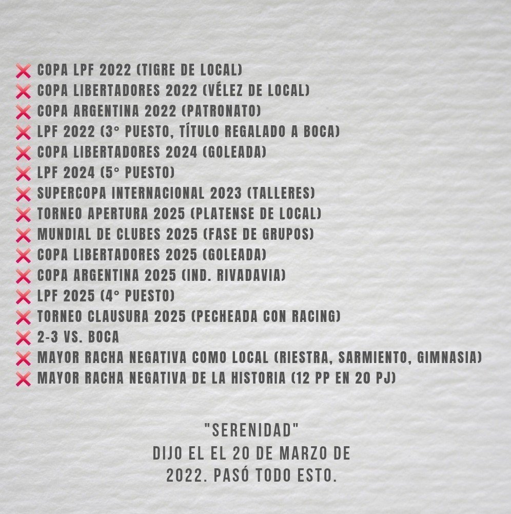 <a href="/hombrejingle/">hombrejingle #River 🇲🇨</a> Todo esto sólo de 2022 para acá. 
No habla de la Sudamericana 2015, del nefasto 2016, del paupérrimo y bochornoso 2017 (lo de Lanús), el 2019 donde la final la pierde exclusivamente él con sus cambios... Y podríamos seguir y seguir.

Que la noticia no tape la historia.