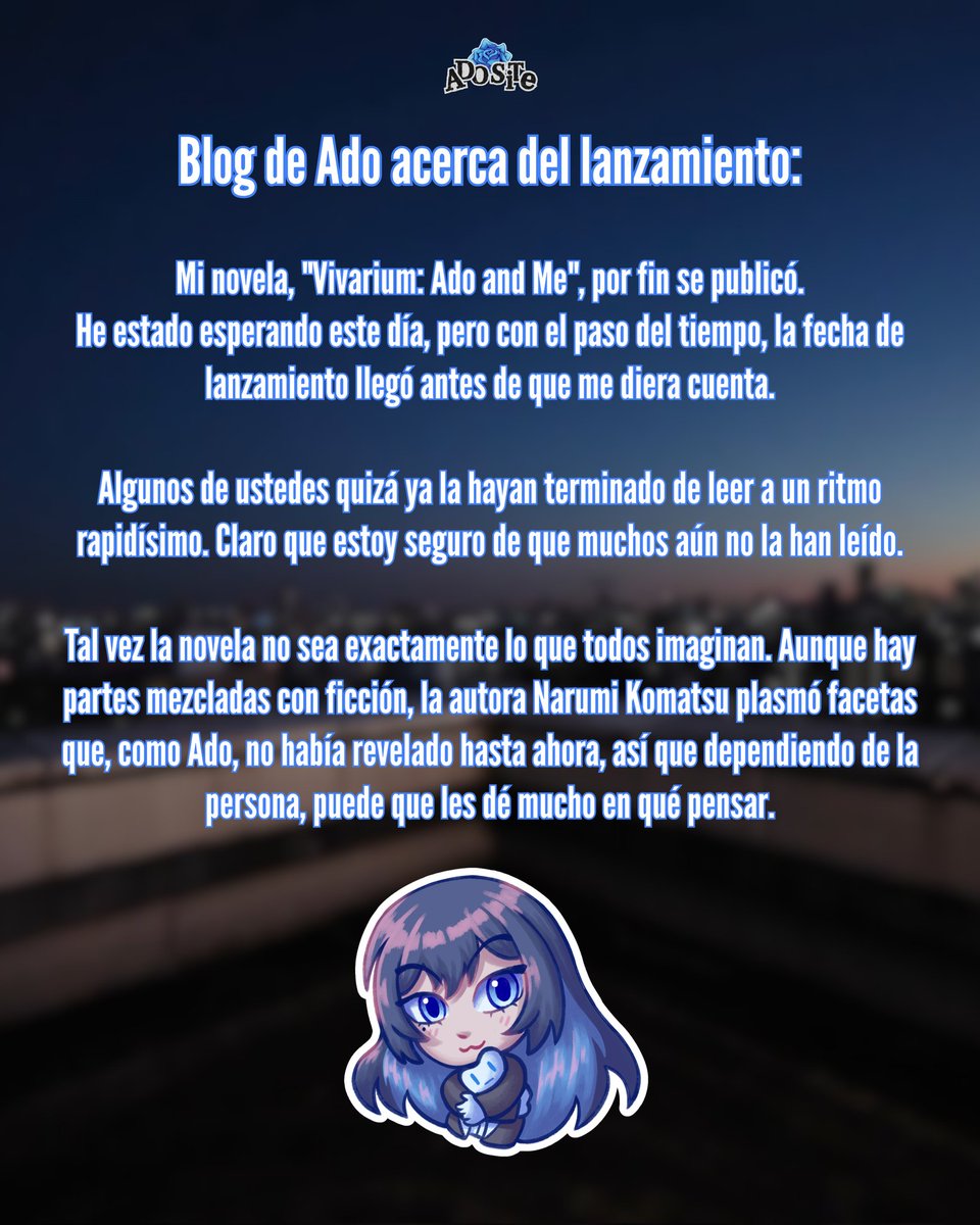adoshiite's tweet photo. 💠Algunas palabras del Blog de Ado acerca del lanzamiento de esta novela❗
#Ado #Adosite https://t.co/WAEAoE7tv7