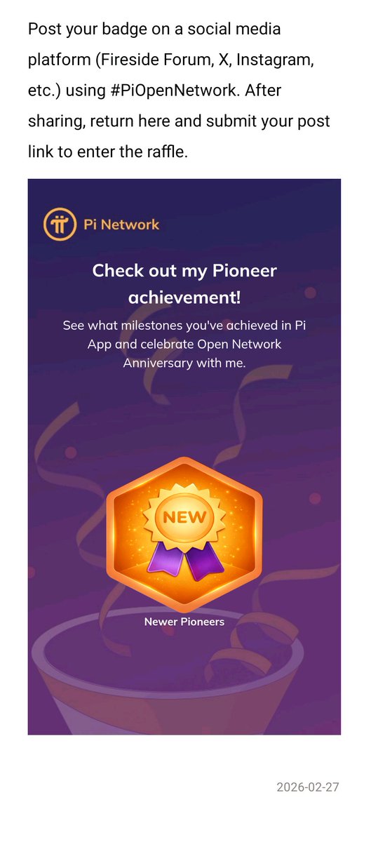VJayakumar06's tweet photo. Post your badge on a social media platform (Fireside Forum, X, Instagram, etc.) using #PiOpenNetwork. After sharing, return here and submit your post link to enter the raffle https://t.co/L14zxTZlg4