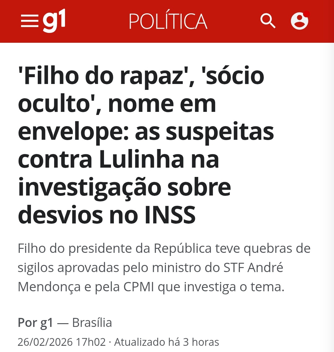 Tive que fazer essa análise da matéria do G1.
Não aguentei. 🤨

Há uns documentos que dizem que um tal "FILHO DO RAPAZ" o nome "LULINHA" não é falado, e concluíram que seria o Fabio? 🙃

Trecho do G1:
"Os investigadores sustentam que as menções a Fábio Luís surgiram por terceiros