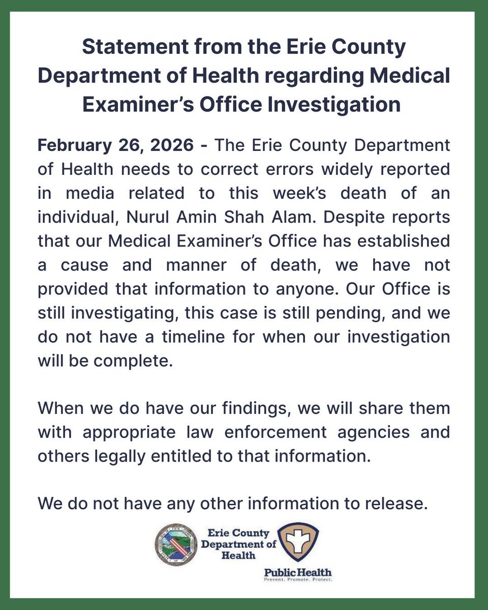 markpoloncarz's tweet photo. Please see the statement below from @ECDOH. Reports circulating in the media are inaccurate regarding the death of Nurul Amin Shah Alam—no cause or manner of death has been determined at this time.
The Medical Examiner’s Office investigation is ongoing and remains pending. https://t.co/FryFgGKTZg