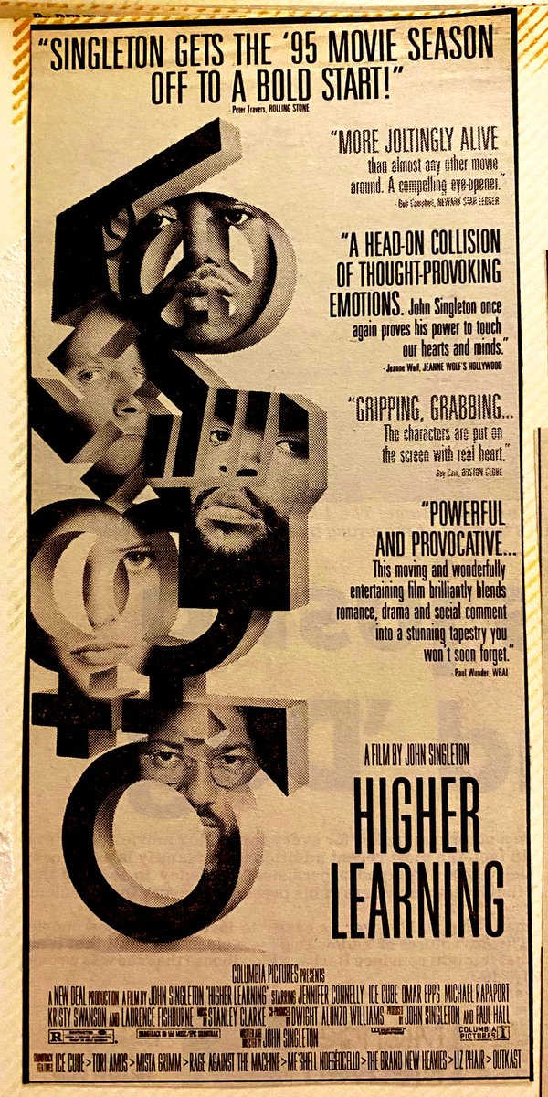 ClassicHBOGuide's tweet image. February 1996 @HBO - @omarepps @icecube @BustaRhymes @KristySwansonXO star in John Singleton’s college campus drama: HIGHER LEARNING - guide ad, newspaper ad, original @hartfordcourant &amp;amp; @USATODAY reviews #1990s #cinema