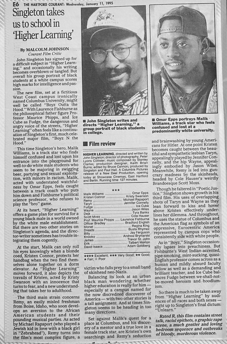 ClassicHBOGuide's tweet image. February 1996 @HBO - @omarepps @icecube @BustaRhymes @KristySwansonXO star in John Singleton’s college campus drama: HIGHER LEARNING - guide ad, newspaper ad, original @hartfordcourant &amp;amp; @USATODAY reviews #1990s #cinema
