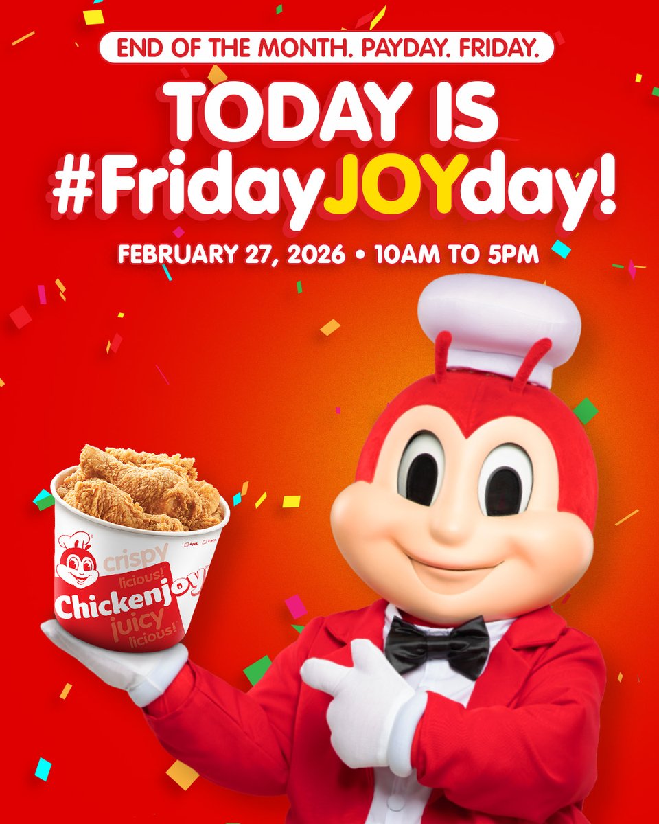 Jollibee's tweet photo. #JolliFAM, guess what day it is! 🥰

It’s Friday. It’s month end. It’s PAYDAY! This is what we call a certified #FridayJOYday!! 🥳🎉✨ Tara, let's celebrate at @Jollibee!! 🙌 https://t.co/av164RadgZ