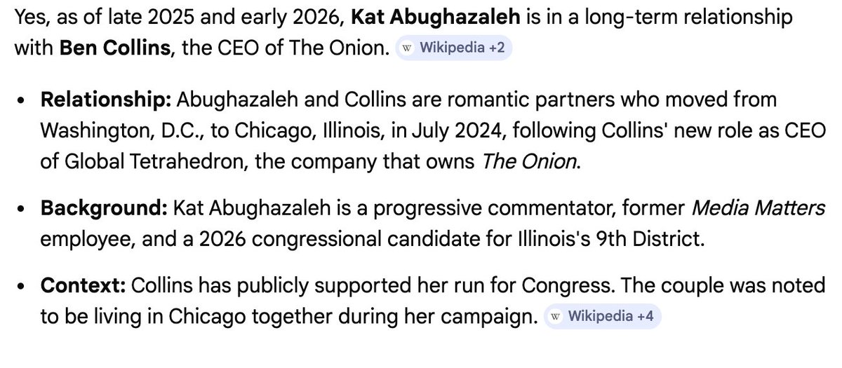 Kat is dating the CEO of the company THAT OWNS the Onion. He just got a promotion. Great for her. 

Not great for the people who are voting for a poverty cosplayer.

Kat is not a struggling girl funded by REGULAR people.

She is an elitist, rich girl dating a MEGA RICH guy born