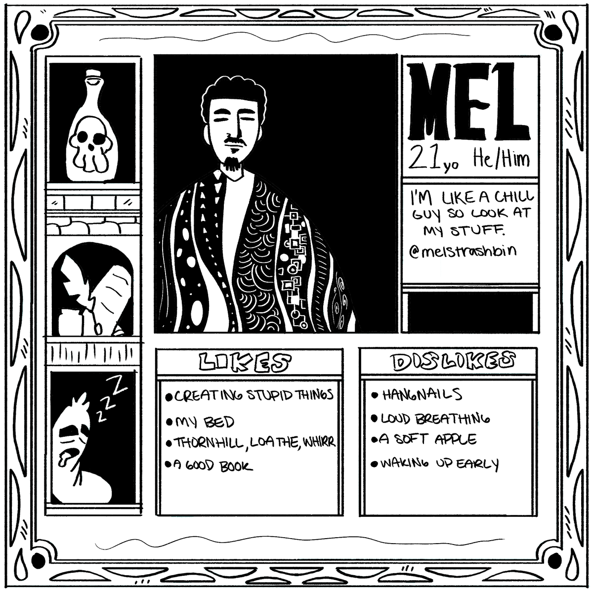 SpitballComic's tweet photo. Introducing Curiosity: Mel! 
He's a chill guy who likes his bed, creating stupid things, Thornhill, Loathe, Whirr, and a good book. https://t.co/IsYqJsL24g