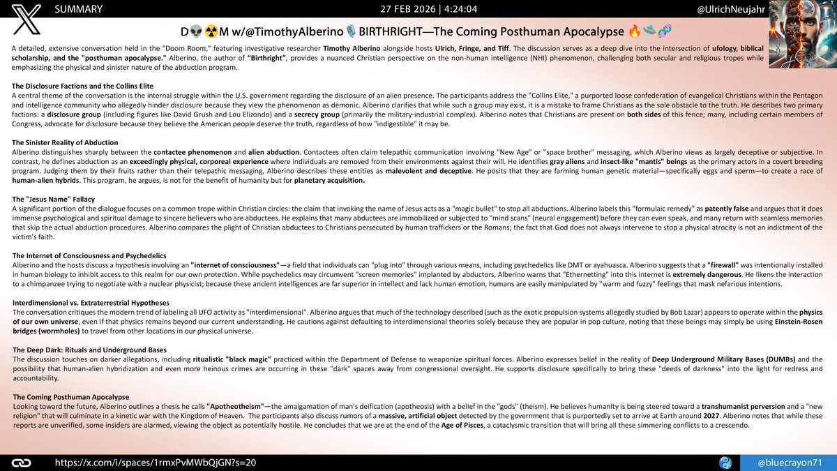 bluecrayon71's tweet photo. @UlrichNeujahr D👽☢️M w/@TimothyAlberino🎙️BIRTHRIGHT—The Coming Posthuman Apocalypse 🔥🛸🧬
🔗https://t.co/S2dde4ATeo
#TimothyAlberino #Birthright #Ufology #PosthumanApocalypse #CollinsElite #Disclosure #SecrecyFactions #AlienAbduction #HumanAlienHybrids #PlanetaryAcquisition #GrayAliens https://t.co/NW0vIzfwEE