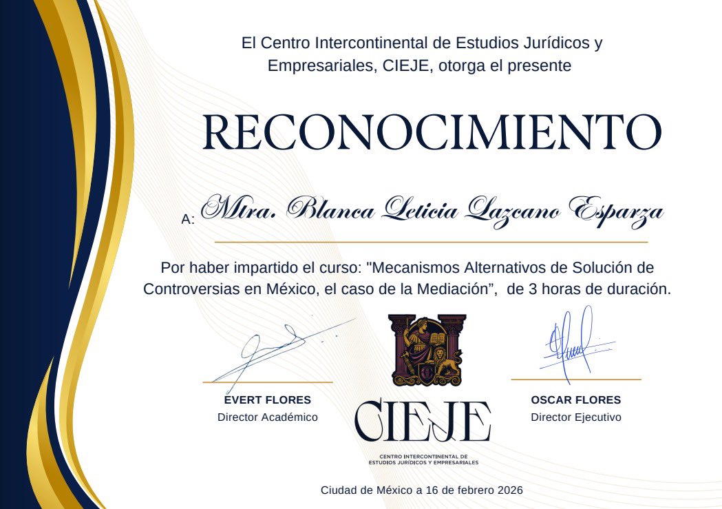 👏 ¡GRACIAS, MTRA. BLANCA LETICIA LAZCANO ESPARZA!

Desde el CIEJE agradecemos profundamente a la Presidenta del Colegio de Mediadores y Facilitadores del Estado de México por su excelente ponencia sobre los Mecanismos Alternativos de Solución de Controversias y la Mediación.

Su
