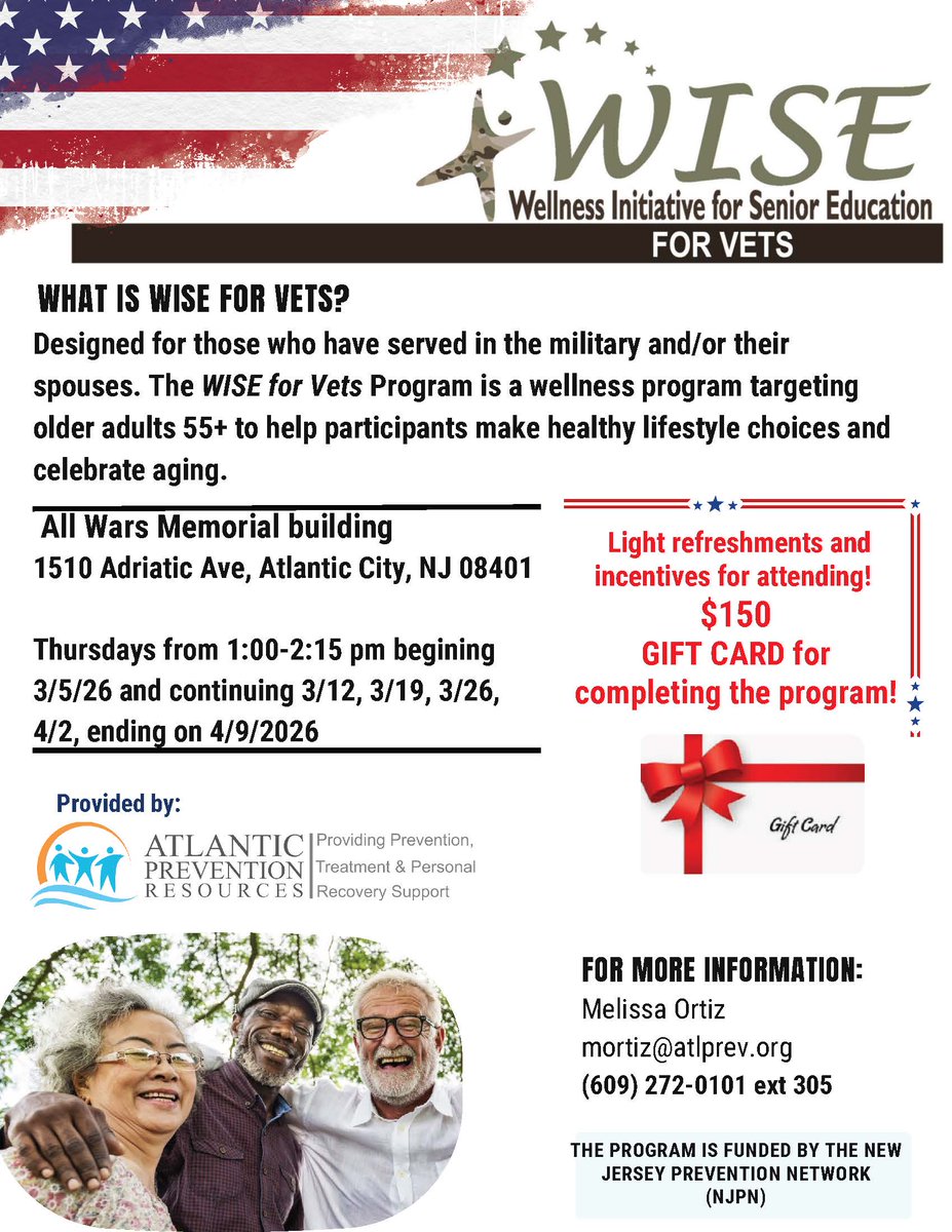 📢 Calling all veterans and military spouses 55 and older in Atlantic City!

The WISE for Vets (Wellness Initiative for Senior Education) program takes place at Atlantic City's All Wars Memorial Building on six Thursdays starting March 6th. 

More details 👇