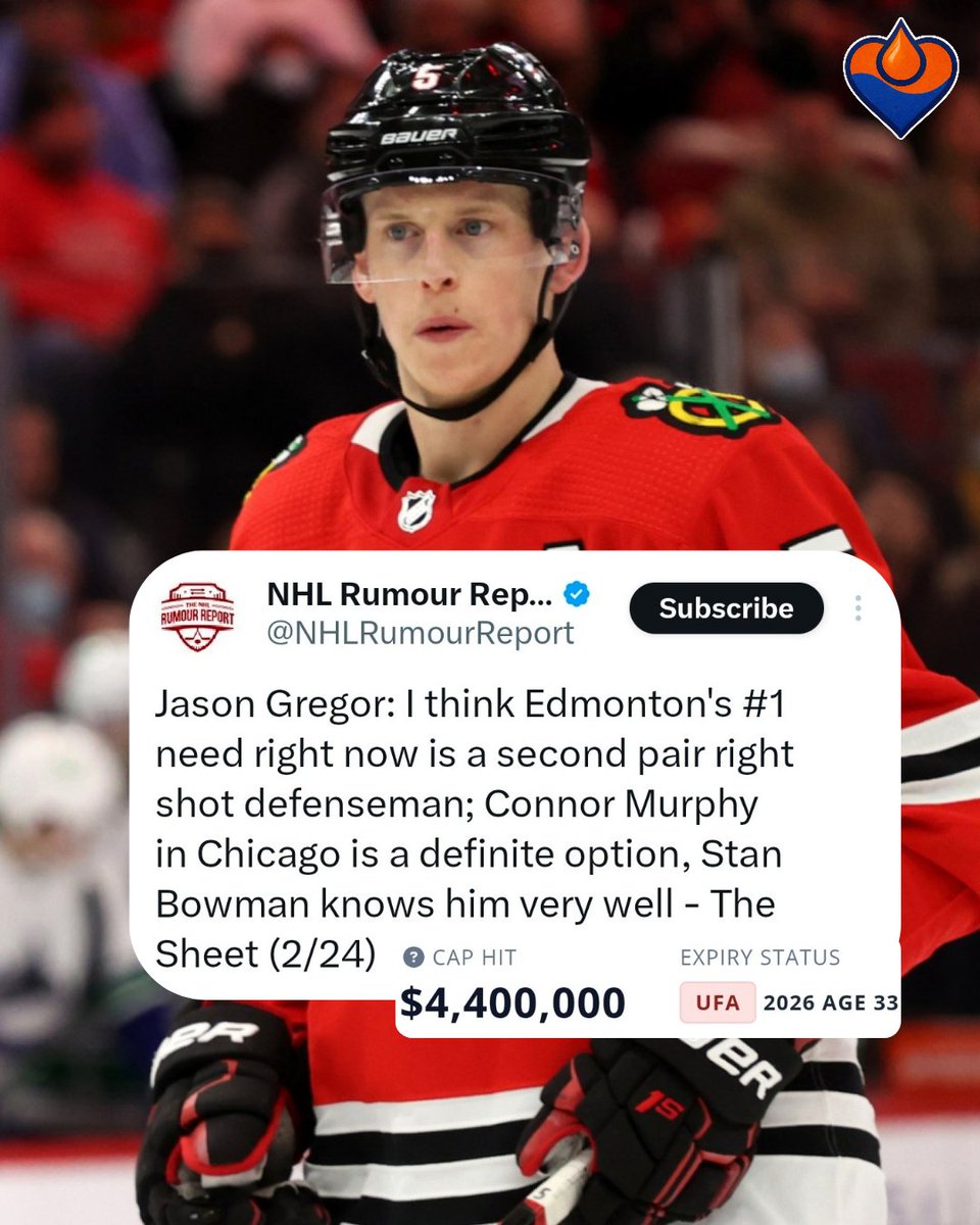 BleedOilBlue's tweet image. 👀 TRADE TARGET? Defensemen Connor Murphy in Chicago is a definite option for the Oilers
#LetsGoOilers #Oilers #NHL #Hockey #yeg