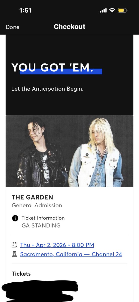 stinkyfran's tweet photo. I accidentally bought the wrong date tickets for the garden 
 Its on Thursday April 2,2026 @8:00pm in Sacramento 
Venue channel 24

I have three tickets for 46 each 

Can buy all of them or individual 

Dm if interested https://t.co/Y5juLKcGFc