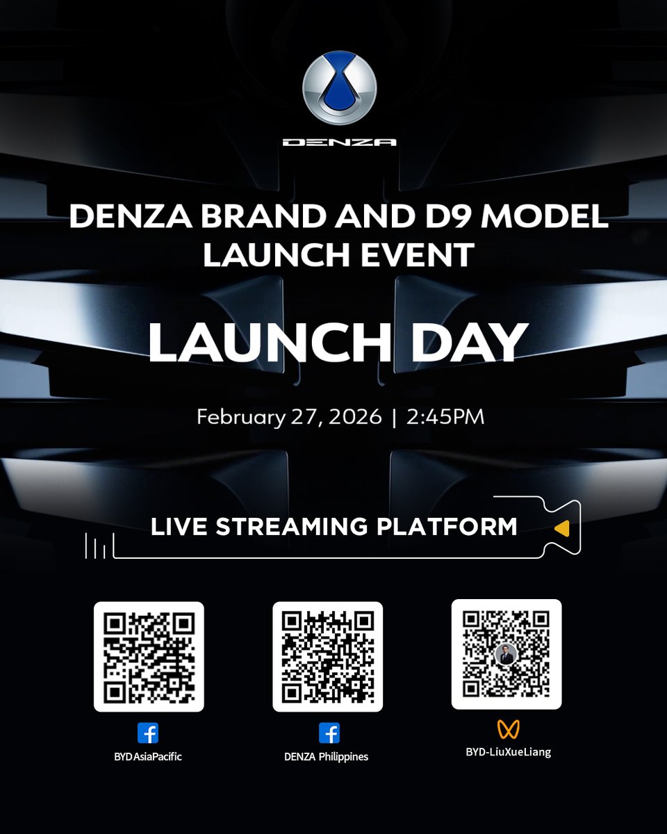BYD_AsiaPacific's tweet photo. Official Launch of DENZA Brand & D9 in the Philippines
Live Premiere | Feb 27 | 2:45pm (GMT+8)
Witness how technology drives elegance. Stay tuned.
#BYDAPAC #DENZAPhilippines #DENZAD9 https://t.co/AIB7K8EhXw