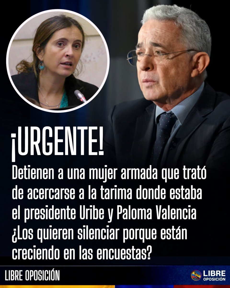🇨🇴🚨| ¡URGENTE! ¿Querían asesinar al presidente Uribe y a Paloma Valencia, porque viene creciendo en las encuestas? 

¿Qué hacía una sindicalista armada que resultó ser funcionaria del INPEC tratando de acercarse de forma sospechosa a la tarima donde estaba Uribe y Paloma?

¿No