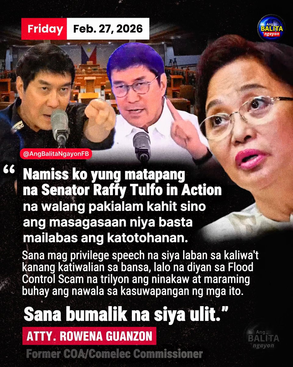 GUANZON, NANGUNGULILA, HINAHANAP ANG “MATAPANG” NA RAFFY TULFO

Naglabas ng pahayag sa kanyang Facebook account ang dating COA at COMELEC Commissioner na si Atty. Rowena Guanzon, kung saan ipinahayag niya ang pangungulila sa aniya’y dating tapang ni Senador Raffy Tulfo.

Ayon kay