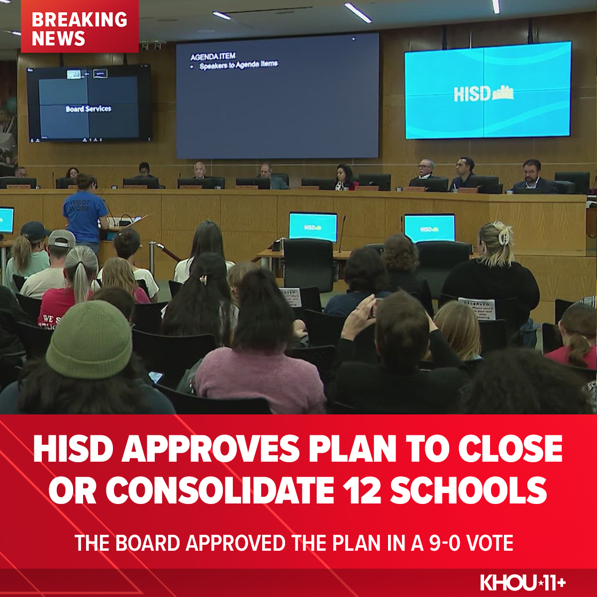 KHOU's tweet image. BREAKING | HISD approved a plan to close or consolidate 12 schools. The vote came tonight after dozens of speakers voiced outrage at the plan.

Full story: khou.com/article/news/e…