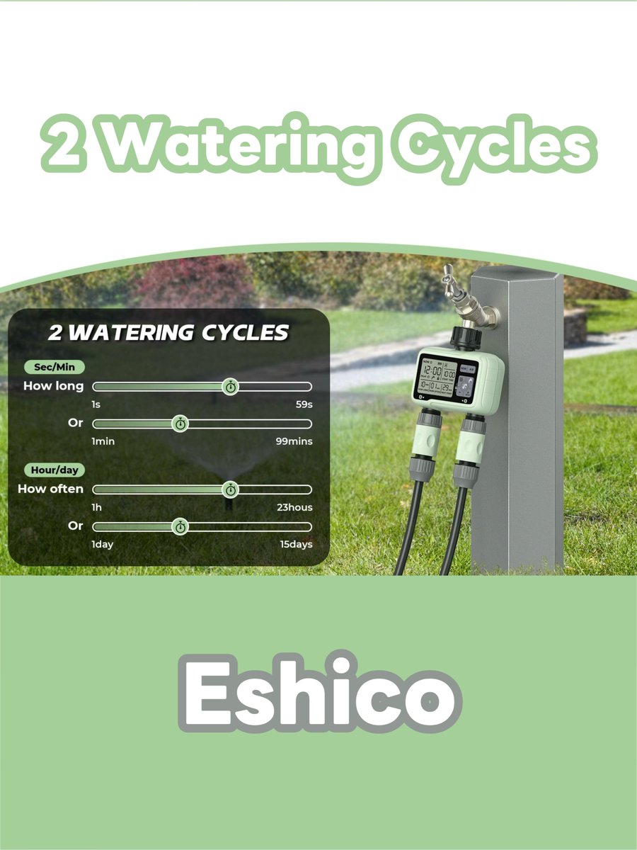 Eshico_Ningbo's tweet image. HCT-326🌻Water Timer: start your smart irrigation life!

🌱2 outlets &amp;amp; 2 independent programs
🌱Multi-scenario application
🌱2 watering cycles
🌱Precise controlled watering

Let Every Drop of Water Play a Value!💧

#WaterTimer #gardening #plants #Flowers #greenhouse #SmartGarden