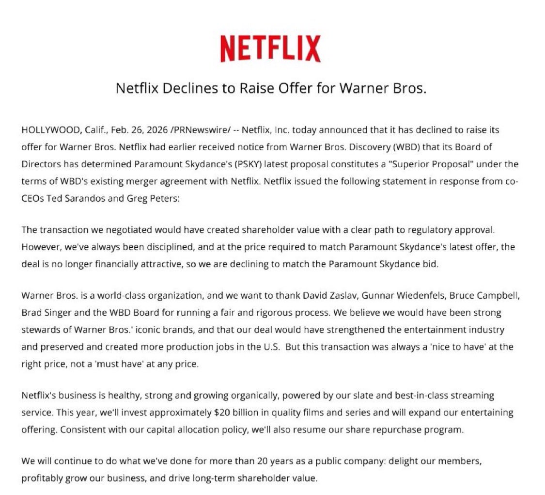 VICTORY!

@Netflix just announced they are pulling out of the Warner Bros. merger. This comes after @loomerunleashed led the charge in exposing the Obama infiltration of Netflix, including Netflix CEO Ted Sarandos being an <a href="/BarackObama/">Barack Obama</a> mega donor and Obama chief spy architect and