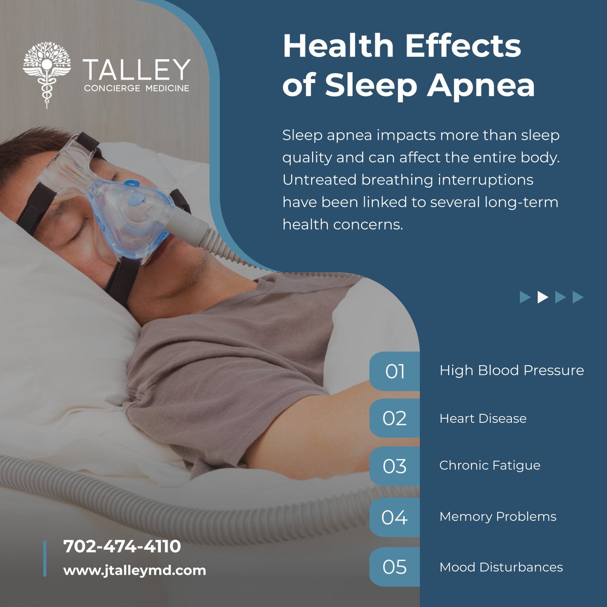Talley_ConMed's tweet image. Sleep apnea affects more than your nights. 🛌 Breathing disruptions can strain your heart, energy levels, and focus. ❤️ TALLEY CONCIERGE MEDICINE helps assess sleep risks so you can protect your long-term health. 📞

#NorthLasVegasNV #MedicalCare #SleepApneaAwareness #HeartHealth