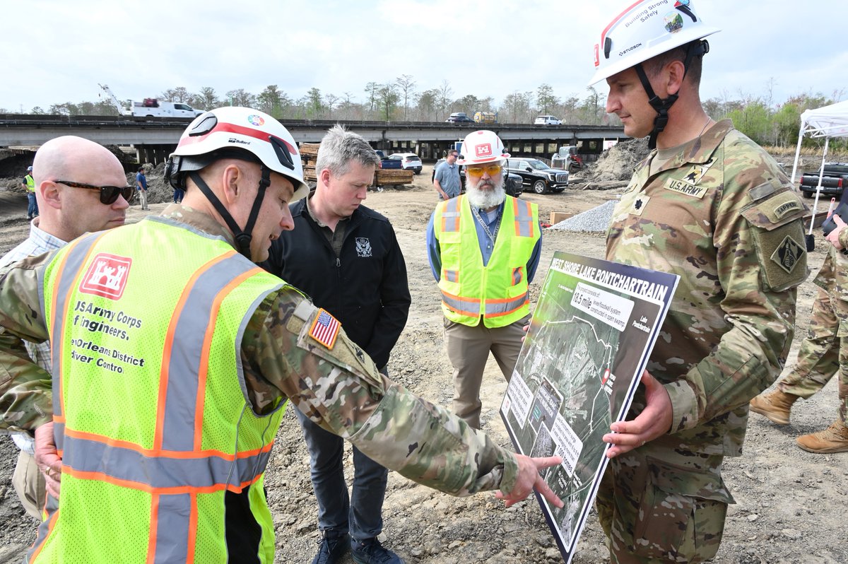 USACEHQ's tweet photo. As the nation celebrates #Eweek26, @SecArmy Dan Driscoll, @ASACivilWorks Adam Telle, and USACE Commanding General Lt. Gen. William Graham visited key infrastructure projects in Louisiana today, incl. the West Shore Lake Pontchartrain project, where they met with @LAGovJeffLandry. https://t.co/MrwSIqS03b